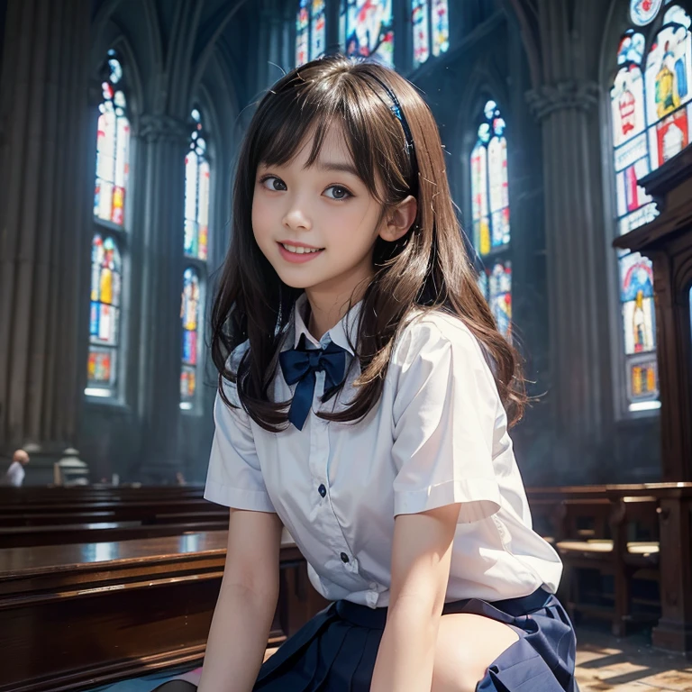 ((Full Body Ebione))、((side shot))、((small 、Breasts are small and flat))、 ((A white shirt with short sleeves、Dark blue super mini pleated skirt)), ((Red Tie))、 ((black boots))、((Kneeling in prayer posture in church、Hands together))、((1personally))、((In the background is the interior of an abandoned Gothic church..))、((high nose))、((Delicate body))、((vertical upper body))、((Clean、Masterpiece、professional artwork、famous artwork))、((Perfect girly body))、((Beautiful pre-adolescent girl)),((cute face))、 Very light on skin ,semi long hair, curls , brown hair,Japanese、 lifelike, direct lighting, Volumetric light, Super detailed, best quality, ultra high resolution, north african trade zone, 8K masterpiece, best quality, ((8 year old、age girl)),((big eyes))、、original photo, absurd, ((带着Smile的眼睛、Smile)), ((open mouth)),The skirt is lifted