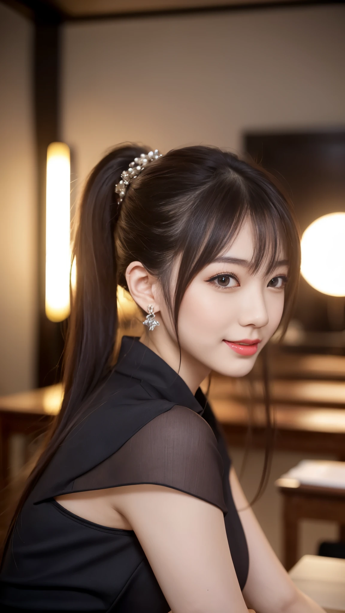 beautiful japanese woman，Photos taken by a professional photographer，Fancy makeup with red eyeshadow，double eyelid，The best smile，Delicate brown hair with short cut and side waves，big ring earrings，elegant legs，Wearing black high heels，long and thin legs, white shirt and super miniskirt, long legs, standing during class, very beautiful slim legs, とても美しいlong and thin legs, sitting at desk, Business service, beautiful feet, good hips and long legs, beautiful feet, surreal high school girl, cleavage, 