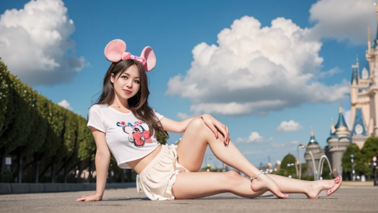 Tokyo Disney City〜, highest quality, realistic, Super detailed, finely, High resolution, (8K), 1 beautiful woman,, light brown messy hair, 彼女はパンクなTシャツandビキニを着ています.), sharp focus, perfect dynamic composition, beautiful and detailed eyes, thin hair, Detailed realistic skin texture, smile, , model body、(Full body to toes:1.4)、((Mickey's Ears))、(cloud level shot)、(side standing、looking forward to it)、(白い歯を見せるsmile)、(side shot)、(Mickey Mouse)、(minnymouse)、(and)、(Lying sideways)、