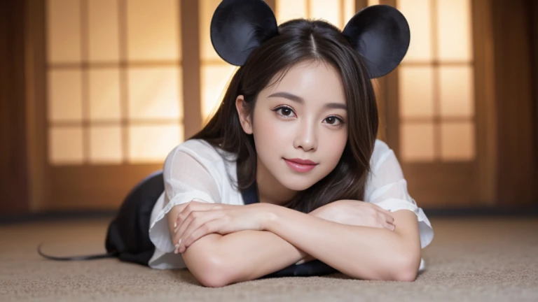 Tokyo Disney City〜, highest quality, realistic, Super detailed, finely, High resolution, (8K), 1 beautiful woman,, light brown messy hair, 彼女はパンクなTシャツandビキニを着ています.), sharp focus, perfect dynamic composition, beautiful and detailed eyes, thin hair, Detailed realistic skin texture, smile, , model body、(Full body to toes:1.4)、((Mickey's Ears))、(cloud level shot)、(side standing、looking forward to it)、(白い歯を見せるsmile)、(side shot)、(Mickey Mouse)、(minnymouse)、(and)、(Lying sideways)、