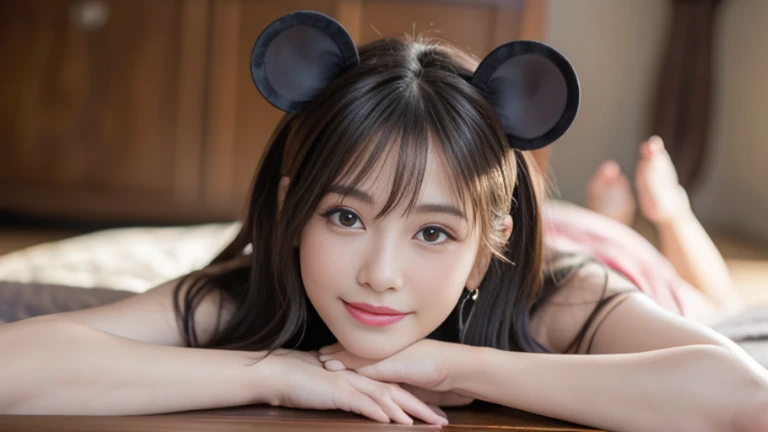 Tokyo Disney City〜, highest quality, realistic, Super detailed, finely, High resolution, (8K), 1 beautiful woman,, light brown messy hair, 彼女はパンクなTシャツandビキニを着ています.), sharp focus, perfect dynamic composition, beautiful and detailed eyes, thin hair, Detailed realistic skin texture, smile, , model body、(Full body to toes:1.4)、((Mickey's Ears))、(cloud level shot)、(side standing、looking forward to it)、(白い歯を見せるsmile)、(side shot)、(Mickey Mouse)、(minnymouse)、(and)、(Lying sideways)、