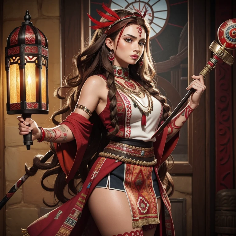 Realistic, photorealistic, high contrast, (Aztec Native Scarlet Witch: 1.1), 4k high definition, intricately detailed, textured skin depicting traditional Aztec tattoos, vibrant red colors, long curly hair adorned with feathers, wearing a traditional Aztec tunic and skirt, holding a staff or wand, (best quality, masterpiece: 1.2), using natural lighting to bring out the depth and texture of the scene.