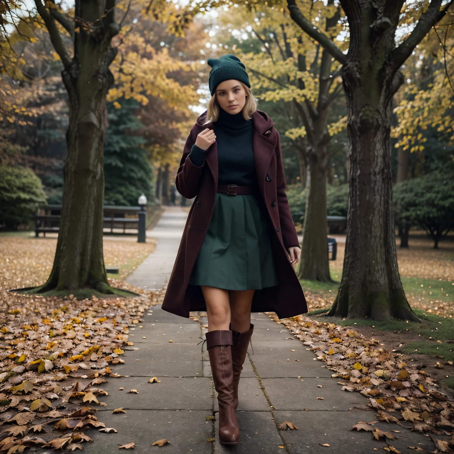 (Best quality, 8k, 32k, Masterpiece, UHD:1.2), Photo of cute tall Italian woman, blond woman, sexy, big breasts, very short hair, very short hair, high heels, solo. The girl can be dressed in an exquisite dark-colored coat with a large hood that partially covers her face. Under the coat, there can be a light dress or skirt with dark colors that set off the autumn palette (burgundy, deep green or navy blue). You can complete the look with a knitted hat and high heeled boots. Choose a location in a park or forest with lots of fallen leaves. Yellowed trees that have already lost their leaves will create an autumnal atmosphere. Add atmospheric accessories such as large branches with autumn leaves, candles or lanterns.