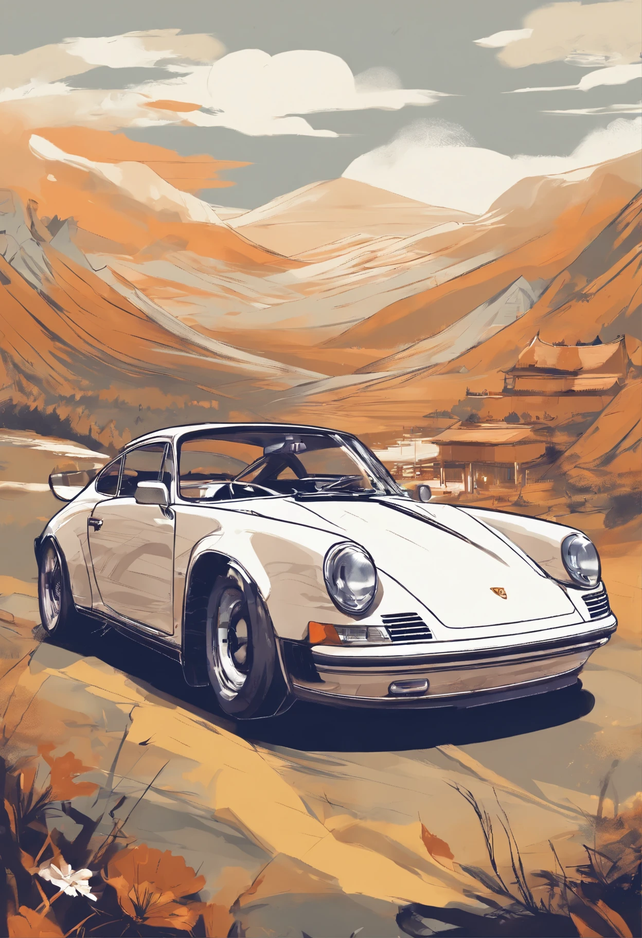 T-shirt design, Genshin Impact Pictures, vector, A Porsche Cyenne with a landscape as a background, Detailed description, and vintage style