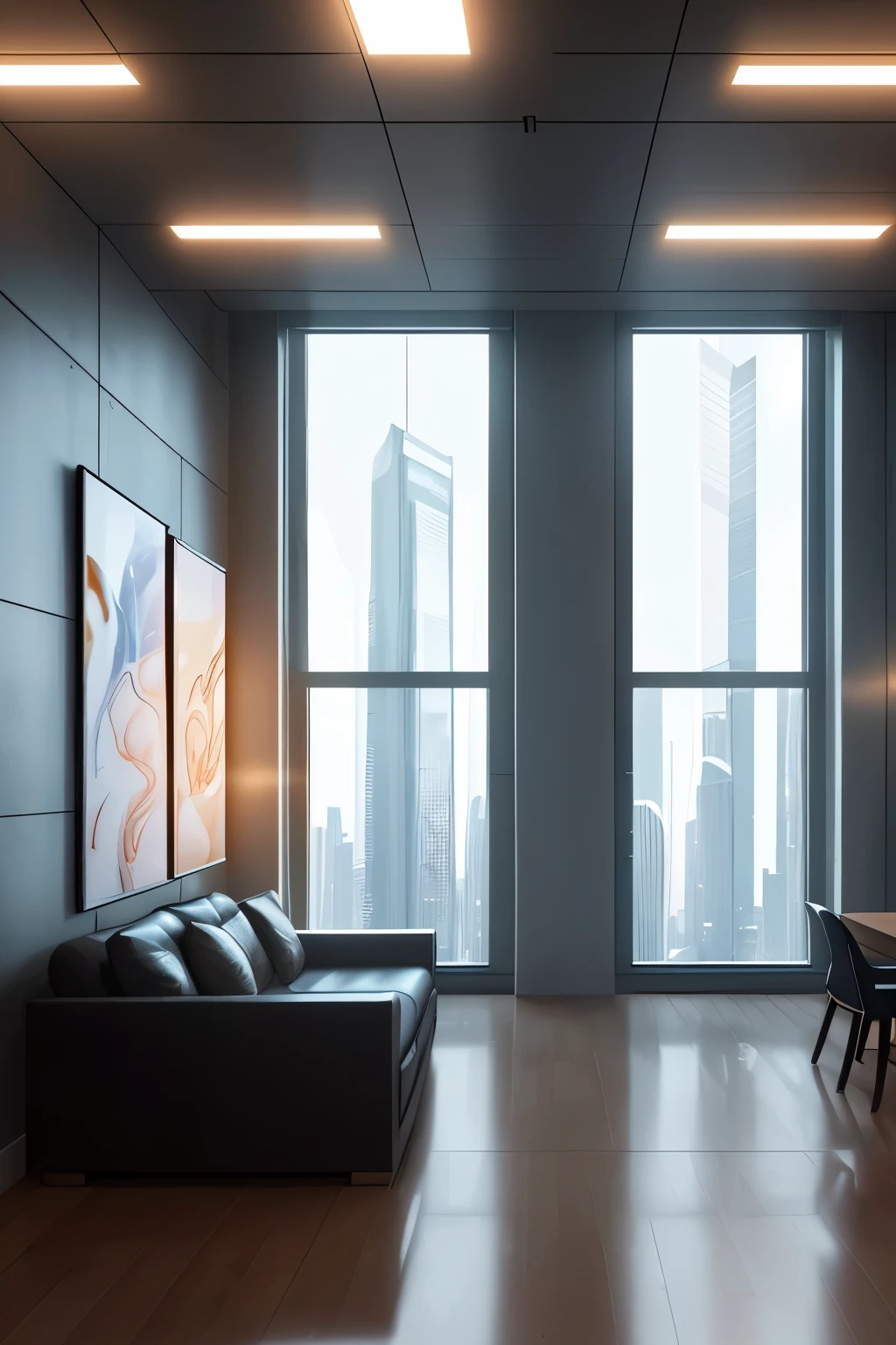 In the heart of a modern metropolis of 2050, an intelligence artificial strikes a pose, bathed in the soft glow of S2's atmospheric lighting. The room is adorned with sharp lines and clean edges, a testament to the harmony between technology and art. Behind the AI, the walls are adorned with vibrant abstract paintings that seem to come alive under the hyper-realistic, 8k UHD illumination. The sounds of gentle hums and whirs fill the air, reminiscent of a well-oiled machine. The scent of freshly brewed coffee wafts through the room, adding an inviting touch to this high-tech sensation.