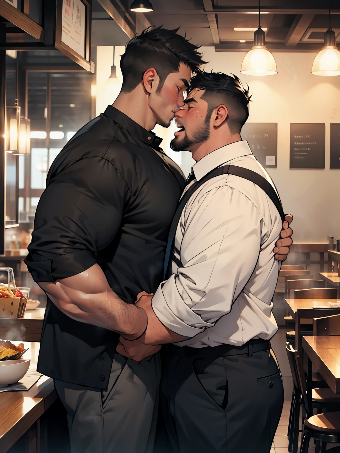 Public officials,,Masterpiece,top quality,in restaurant,1 male,male,restaurant owner,from the side,Strong uncle makes out with man,(Fat man,big face man),Young man riding on man,(man with black hair,wear,clothes are disheveled,A shy look,blush,open your mouth slightly,trembling with excitement:1.2),overflow,sweating,Steam,