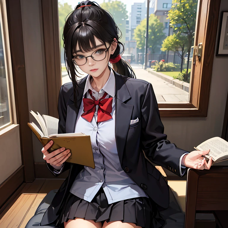 Korean preppy style, Extra-long ponytail, parted bangs, round glasses, Wearing school uniform, Dark gray cardigan jacket, Dark gray blazer, pleated skirt, miniskirt,Reading books in the library, The morning sun pours down,Shy and quiet girl, Reserved and dignified,Looking into the distance, extremely fine hair, intricate details, best quality, realistically,need,masterpiece