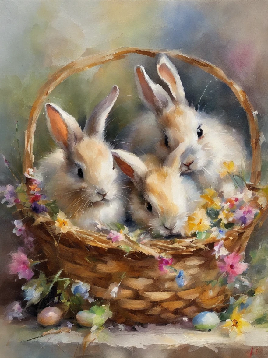 2 little small bunnies inside a wooden basket with easter eggs and flowers in an easter art holiday atmosphere, watercolor art, masterpiece, soft bright colors, soft light, easter holiday decor, 8K, detailed, highest quality artwork