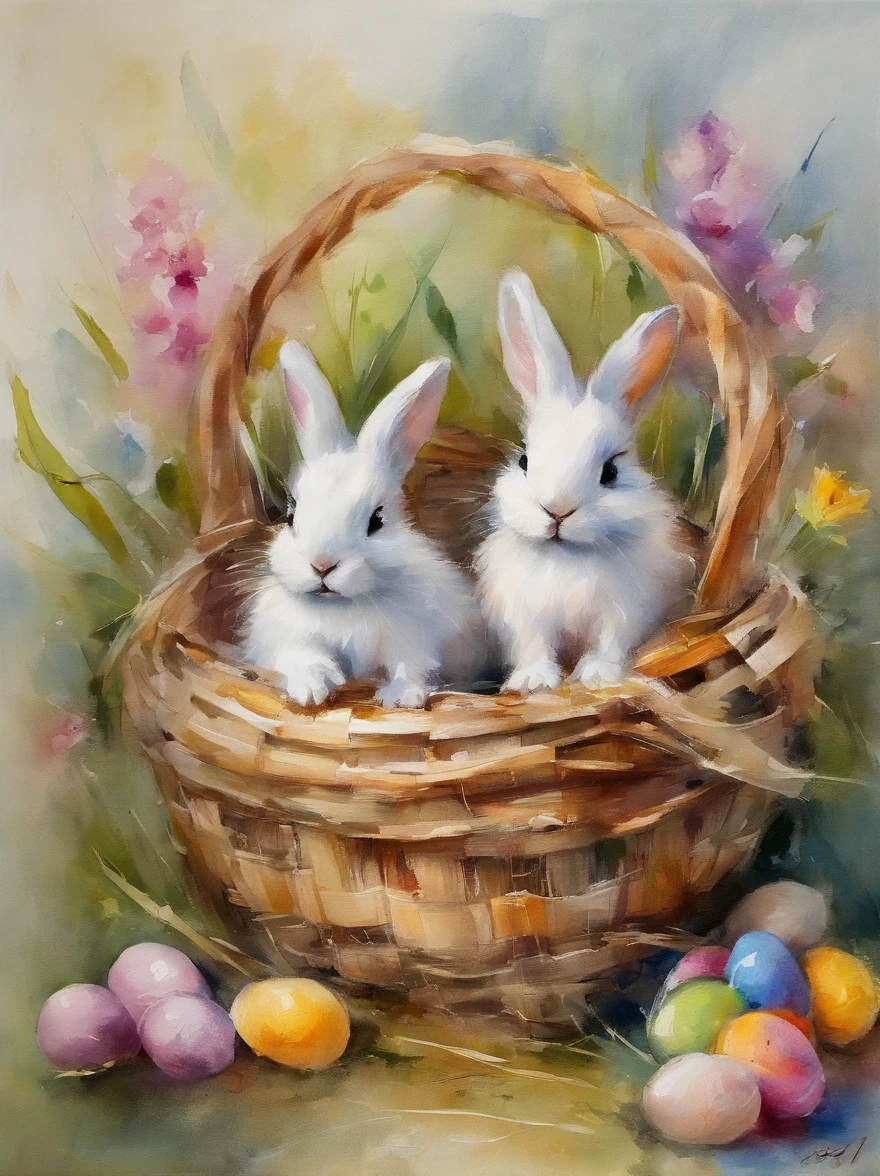2 little small bunnies inside a wooden basket with easter eggs and flowers in an easter art holiday atmosphere, watercolor art, masterpiece, soft bright colors, soft light, easter holiday decor, 8K, detailed, highest quality artwork