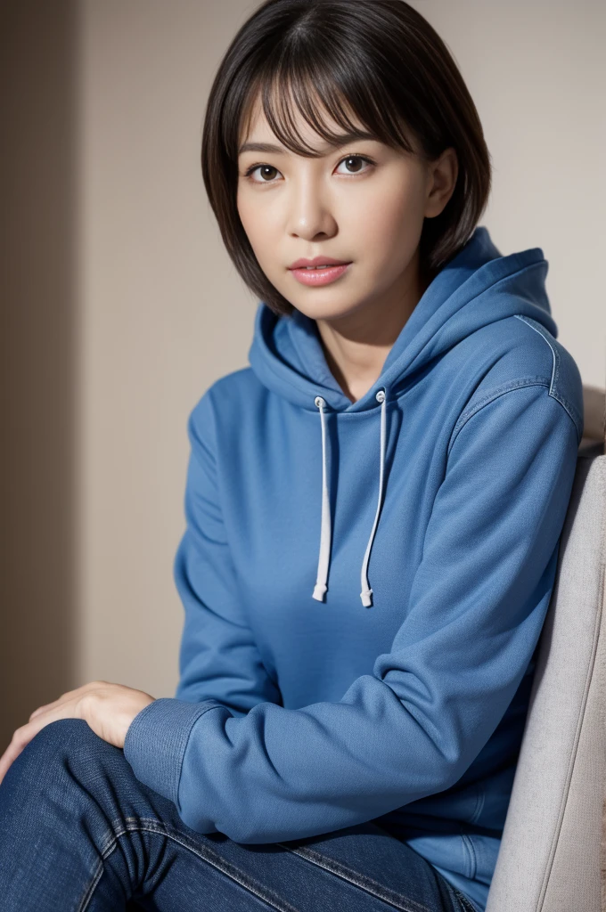 Masseter muscle part, highest quality, masterpiece, High resolution, Photoreal, Raw photo, 8k wallpaper, perfection, professional lighting, very detailed, Depth of bounds written, ((one beautiful woman)), ((40 year old sexy woman)), (living), ((hoodie, jeans)), ((look into the viewer's eyes)), detailed face, beautiful eyes, (sit with good posture), bangs, good shape small breasts, short hair, (thick lips), (arm between legs)