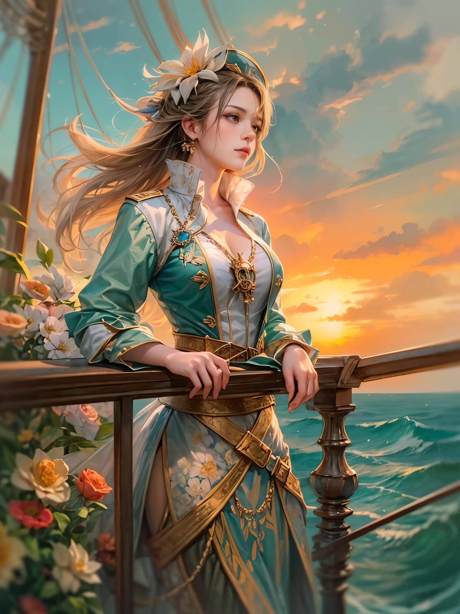 a picture of figures,Depicts a fantasy female pirate captain looking at the sea at sunset in a moment。Leaning on the ship's railing,The expression is thoughtful。Vibrant sunset sky reflected in calm sea,seagulls in the distance。Soft, warm lighting highlights her thoughtful gaze。Create using:digital strokes、Reflect emotions、calm ocean scene、Detailed character research、ambient sunset color、peaceful atmosphere、glibatree tips、HD quality、Natural look。Focus on showing the elegance and sophistication of female captains, (floral watercolor painting:1.5),(Super high saturation, bright and vivid colors:1.5), (nsfw), (Look at the audience head-on:1.5)