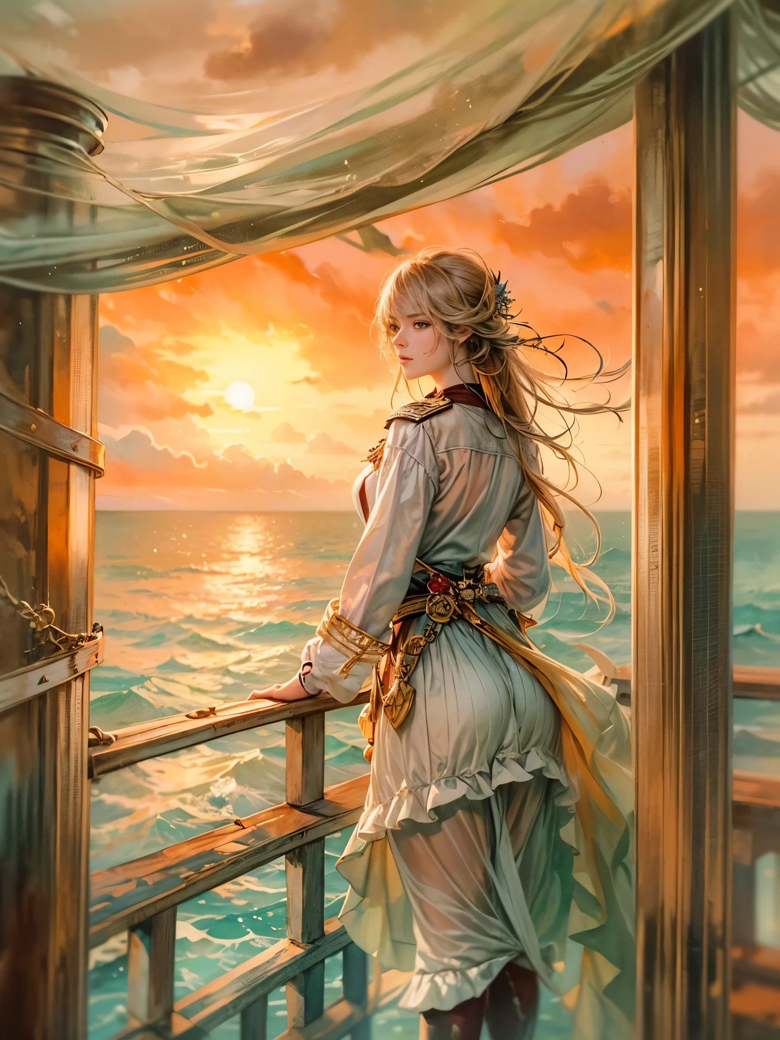 a picture of figures，Depicts a fantasy female pirate captain looking at the sea at sunset in a  moment。Leaning on the ship&#39;s railing，The expression is thoughtful。Vibrant sunset sky reflected in calm sea，seagulls in the distance。Soft, warm lighting highlights her thoughtful gaze。Create using：digital strokes、Reflect emotions、calm ocean scene、Detailed character research、ambient sunset color、peaceful atmosphere、glibatree tips、HD quality、Natural look。Focus on showing the elegance and sophistication of female captains, (floral watercolor painting:1.5)，(Super high saturation, bright and vivid colors:1.5), (nsfw), (Look at the audience head-on:1.5)