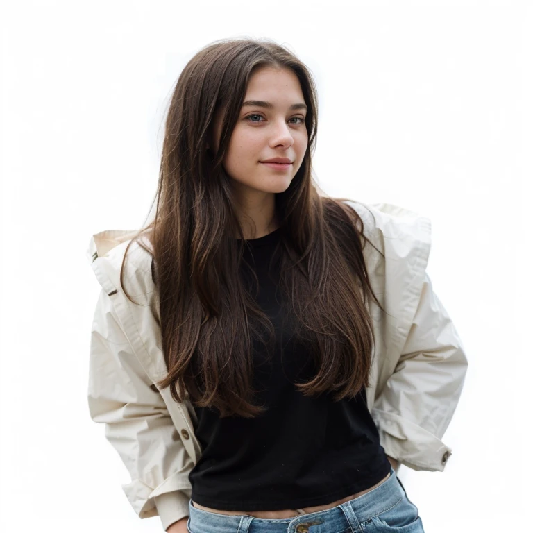 ((best quality)), ((masterpiece)), (detailed), perfect face, 18 years old girl with long dark and straight hair posing for a picture, casual pose, beautiful smile, very attractive, hazel eyes, expressive eyes, perfect slim and slender body, european, wearing a black top, a light-colored cardigan, blue jeans with rips on the knees, casual and comfortable clothes, hands on her hips, looking at the camera, face slightly tilted to side, standing in a park, confident look, kailee mandel, with long hair, profile shot