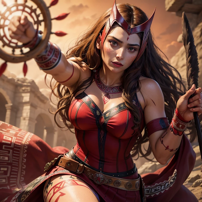 Realistic, photorealistic, high contrast, (Aztec Native Scarlet Witch: 1.1), 4k high definition, intricately detailed, textured skin depicting traditional Aztec tattoos, vibrant red colors, long curly hair adorned with feathers, wearing a traditional Aztec tunic and skirt, holding a staff or wand, (best quality, masterpiece: 1.2), using natural lighting to bring out the depth and texture of the scene.