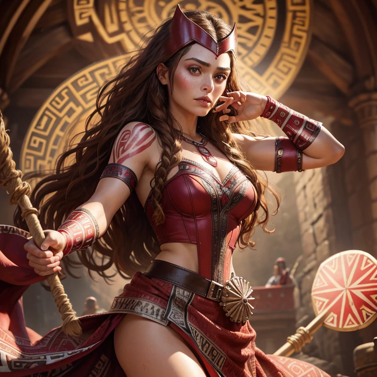 Realistic, photorealistic, high contrast, (Aztec Native Scarlet Witch: 1.1), 4k high definition, intricately detailed, textured skin depicting traditional Aztec tattoos, vibrant red colors, long curly hair adorned with feathers, wearing a traditional Aztec tunic and skirt, holding a staff or wand, (best quality, masterpiece: 1.2), using natural lighting to bring out the depth and texture of the scene.