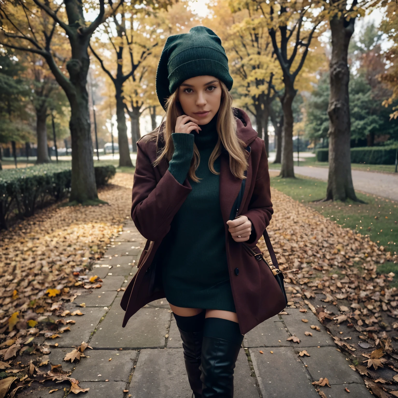 (Best quality, 8k, 32k, Masterpiece, UHD:1.2), Photo of cute tall Italian woman, blond woman, sexy, big breasts, very short hair, very short hair, high heels, solo. The girl can be dressed in an exquisite dark-colored coat with a large hood that partially covers her face. Under the coat, there can be a light dress or skirt with dark colors that set off the autumn palette (burgundy, deep green or navy blue). You can complete the look with a knitted hat and high heeled boots. Choose a location in a park or forest with lots of fallen leaves. Yellowed trees that have already lost their leaves will create an autumnal atmosphere. Add atmospheric accessories such as large branches with autumn leaves, candles or lanterns.