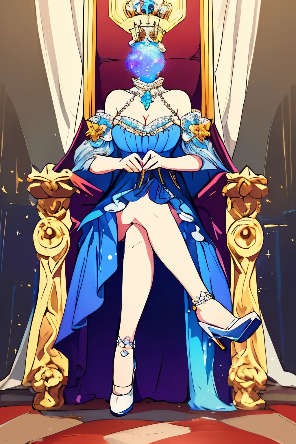 Highly detailed, High Quality, Masterpiece, beautiful, DisembodiedHead, 1girl, solo, headless, princess, cleavage, indigo one piece dress, mini skirt, white pantyhose, indigo high heel, sitting, legs crossed, crystal ball, throne, throne room, castle, fantasy, full body