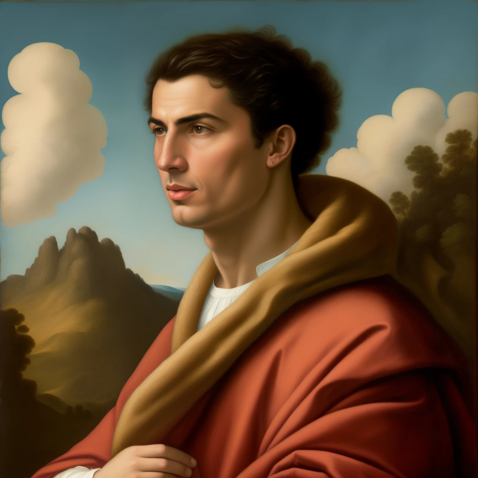 homem arafiado com uma jaqueta marrom com capuz segurando um pequeno objeto, retrato realista do renascimento, inspirado em Mariotto Albertinelli, Cristiano Ronaldo como Papa, retrato vfx altamente detalhado de, inspirado em Jacopo Bellini, pintura digital renascentista, inspirado em Jacob de'Barbari, inspirado em Tommaso Masaccio, inspirado em Giotto