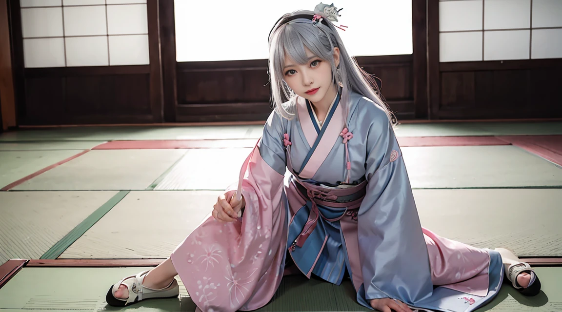 masterpiece, best quality,Lax-BK, 1 sister, alone, long gray hair, pink hair, very long gray hair, blue eyes, hair accessories, japanese clothes, Split skirt