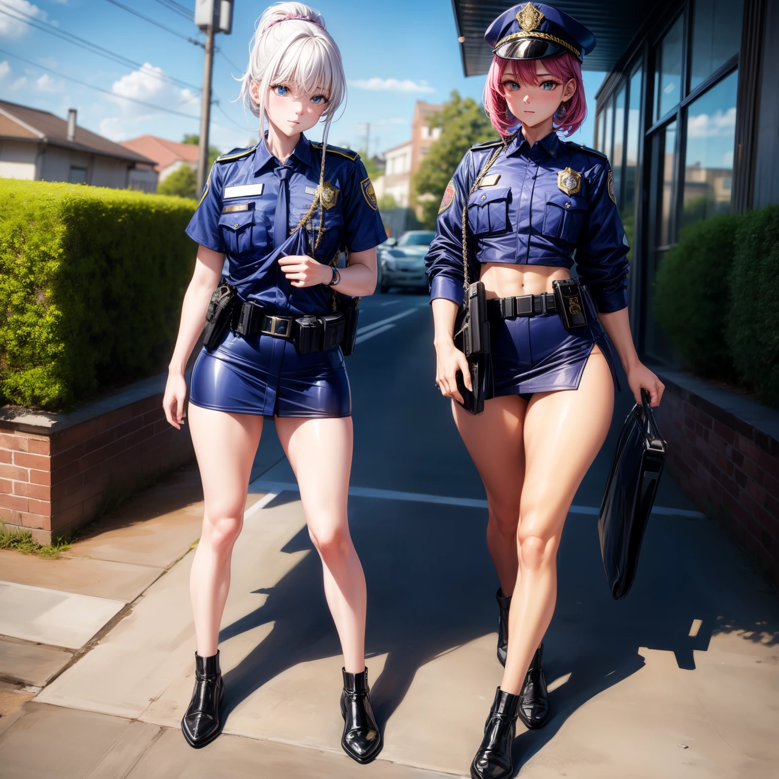 (Cool female police officer.Well-proportioned face.Beautiful white skin.Tall.Very muscular and slender body.Beautiful six pack abs.Big eyes.White Hair.Boyish short hair with a center part.I can see your forehead.Beautiful Blue Eyes.Heavy eye makeup.Dark lipstick.Tight waist.Very large breasts.Very large breastsの谷間.Beautiful pale pink areola.Glowing skin).(Upper body naked.Black leather jacket.Nipples are visible.G-string.Black long boots.there are a lot of earrings.stockings.garter belt.Uniform cap).(1 Beauty.Late Night.Future City.Backstreets.Putting your back against the wall.smoking.Smoke a cigarette.Smile faintly.eyes are narrowed)Perfect Face.Accurate human body.Accurate 5 fingers.High resolution.that&#39;dynamic.Full body image