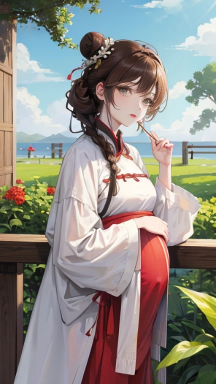 masterpiece, best quality, daytime, outdoor, Water's Edge, festive atmosphere, celebrate, A woman is, mature woman, Chinese style, China, elder sister, Imperial elder sister, cold expression, Poker face, dark brown hair, green eyes, Single fried dough stick braid, bun hair, Double ball head, green clothes, Light pink lips, calm, intellectuals, media distribution, hairpin, doctor, herbs,Pregnant