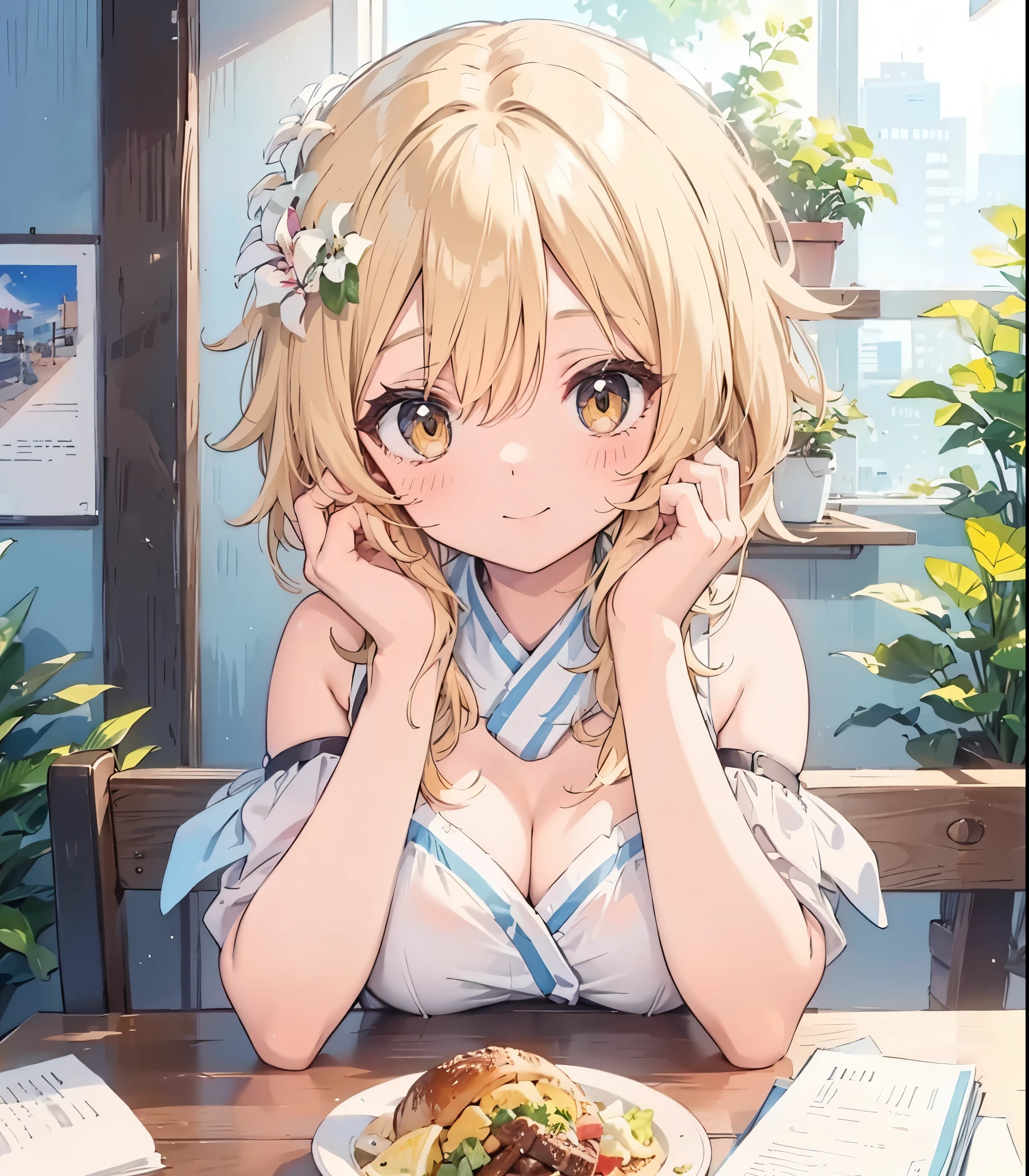胸の谷間、おっぱい、smile、hands up, elbows on table, face palm、breasts close up、