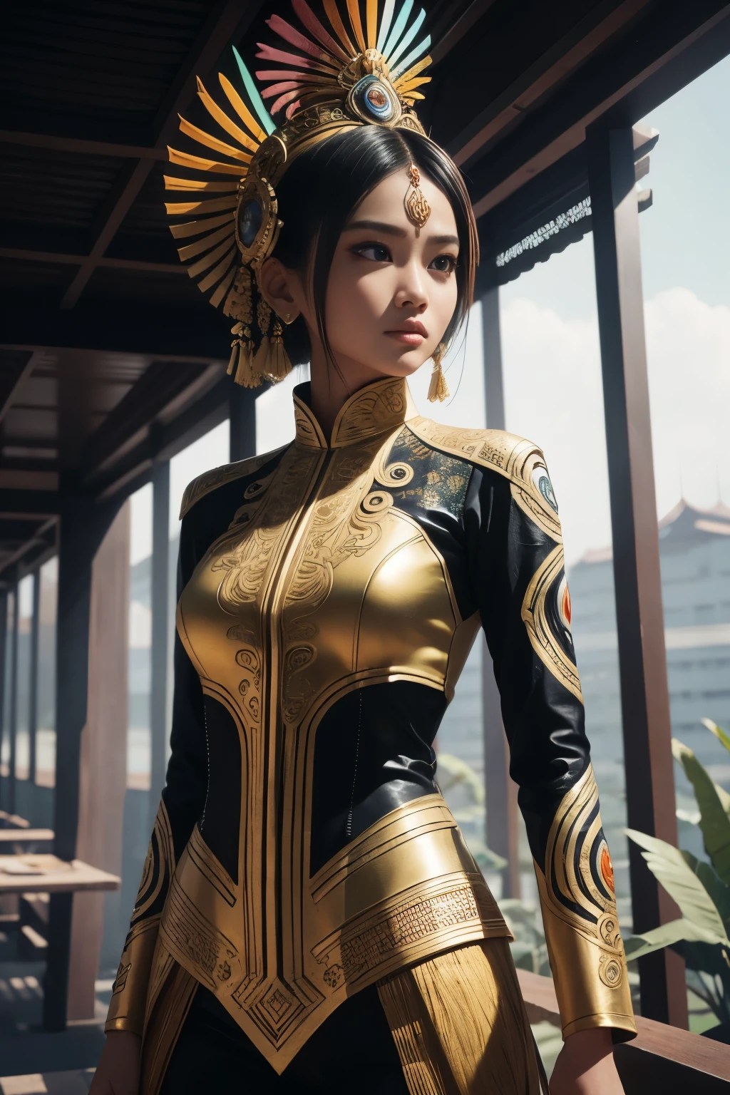 An Indonesian-styled futuristic suit worn by a girl depicting cultural fusion and modern fashion. The suit is adorned with intricate patterns and vibrant colors, showcasing the rich heritage of Indonesia. The girl stands confidently in a dynamic pose, with her detailed eyes reflecting determination and curiosity. The suit's material is a combination of traditional textiles and futuristic synthetic fabrics, giving it a unique and avant-garde appearance. The overall image quality is of the highest standard, with sharp focus and ultra-detailed rendering. The artwork employs physically-based rendering techniques, resulting in realistic lighting and shadows. The colors are vivid and vibrant, capturing the essence of Indonesian cultural aesthetics. The background features a fusion of modern architecture and traditional elements, creating a harmonious blend of the past and the future. The prompt explores the intersection of Indonesian culture, futuristic design, and the artistic representation of a confident girl.