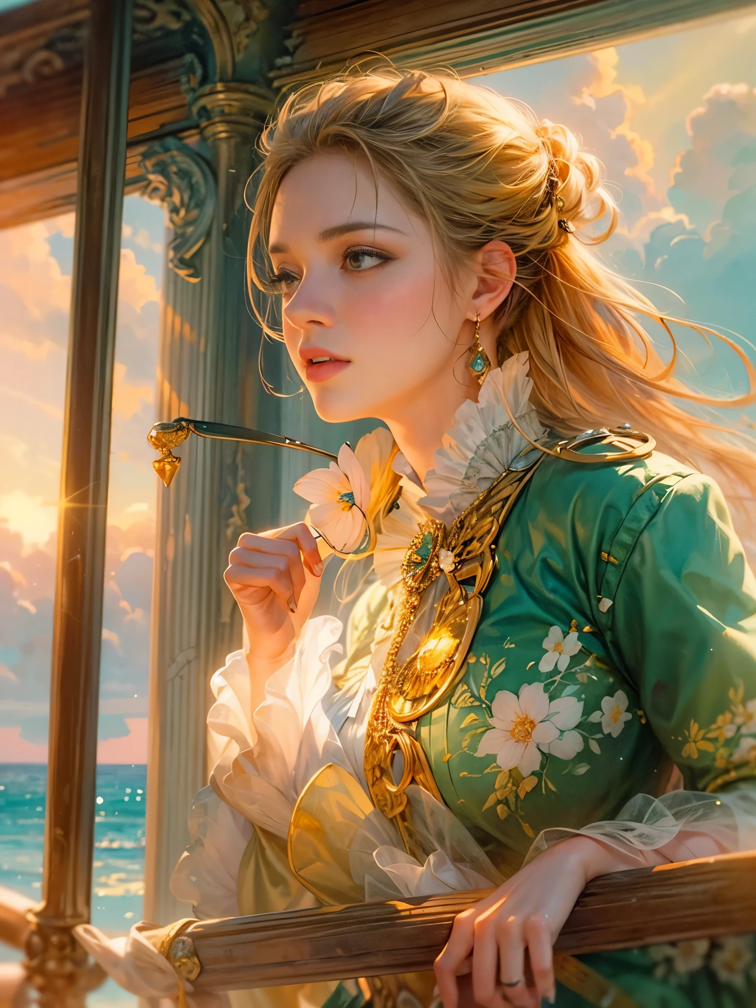 a picture of figures,Depicts a fantasy female pirate captain looking at the sea at sunset in a moment。Leaning on the ship's railing,The expression is thoughtful。Vibrant sunset sky reflected in calm sea,seagulls in the distance。Soft, warm lighting highlights her thoughtful gaze。Create using:digital strokes、Reflect emotions、calm ocean scene、Detailed character research、ambient sunset color、peaceful atmosphere、glibatree tips、HD quality、Natural look。Focus on showing the elegance and sophistication of female captains, (floral watercolor painting:1.5),(Super high saturation, bright and vivid colors:1.5), (nsfw), (Look at the audience head-on:1.5)