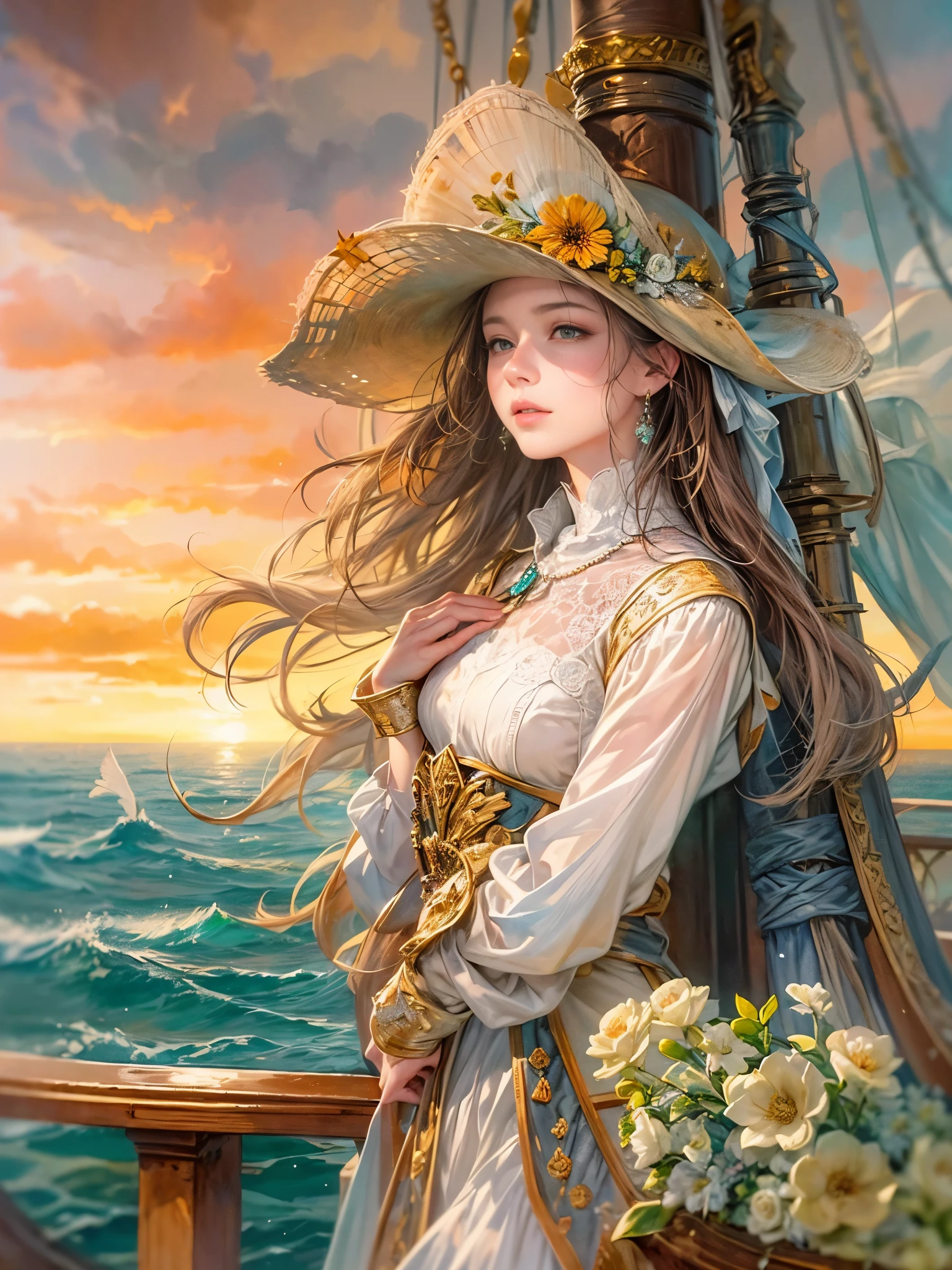 a picture of figures,Depicts a fantasy female pirate captain looking at the sea at sunset in a moment。Leaning on the ship's railing,The expression is thoughtful。Vibrant sunset sky reflected in calm sea,seagulls in the distance。Soft, warm lighting highlights her thoughtful gaze。Create using:digital strokes、Reflect emotions、calm ocean scene、Detailed character research、ambient sunset color、peaceful atmosphere、glibatree tips、HD quality、Natural look。Focus on showing the elegance and sophistication of female captains, (floral watercolor painting:1.5),(Super high saturation, bright and vivid colors:1.5), (nsfw), (Look at the audience head-on:1.5)