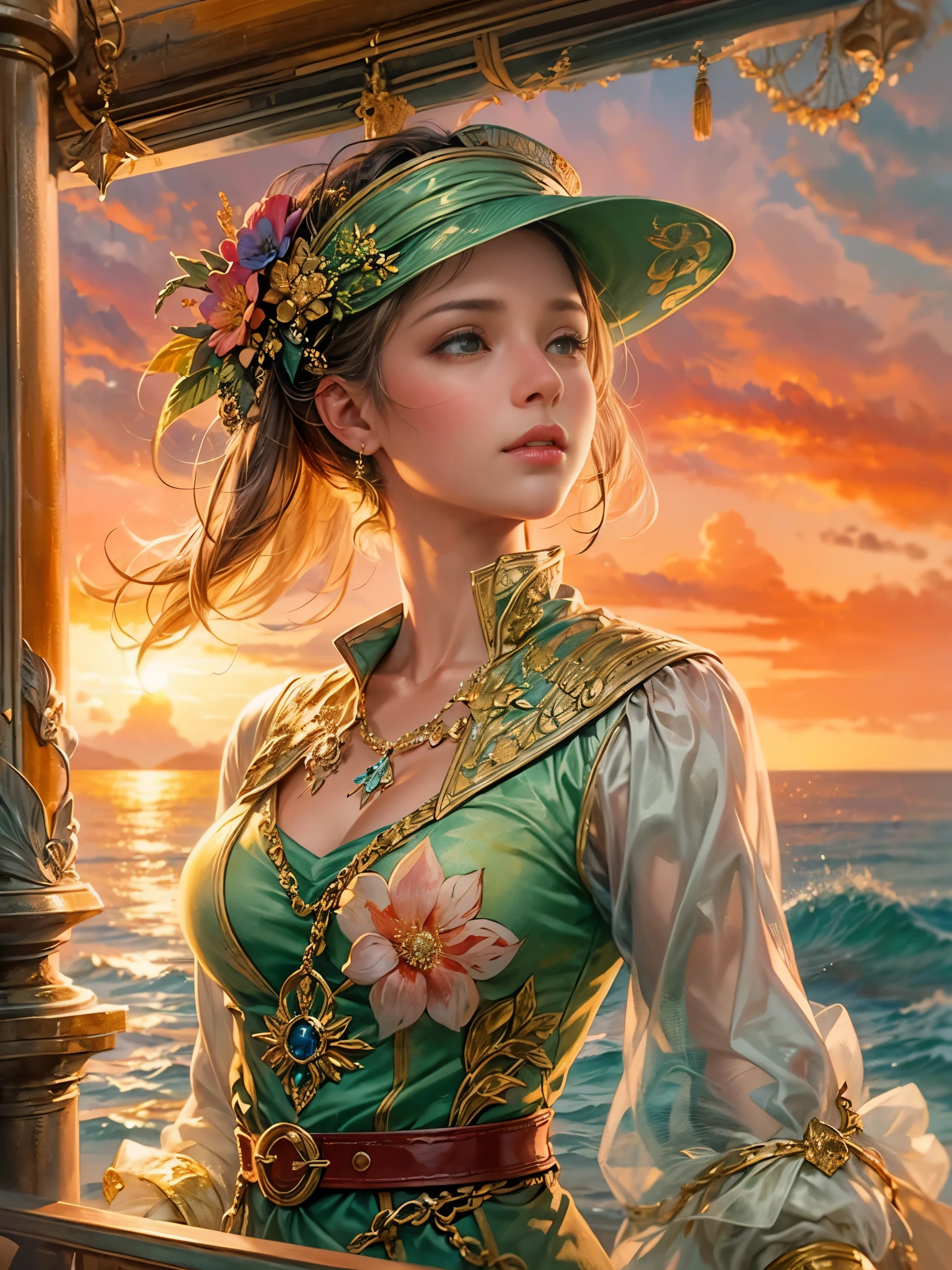 a picture of figures,Depicts a fantasy female pirate captain looking at the sea at sunset in a moment。Leaning on the ship's railing,The expression is thoughtful。Vibrant sunset sky reflected in calm sea,seagulls in the distance。Soft, warm lighting highlights her thoughtful gaze。Create using:digital strokes、Reflect emotions、calm ocean scene、Detailed character research、ambient sunset color、peaceful atmosphere、glibatree tips、HD quality、Natural look。Focus on showing the elegance and sophistication of female captains, (floral watercolor painting:1.5),(Super high saturation, bright and vivid colors:1.5), (nsfw), (Look at the audience head-on:1.5)