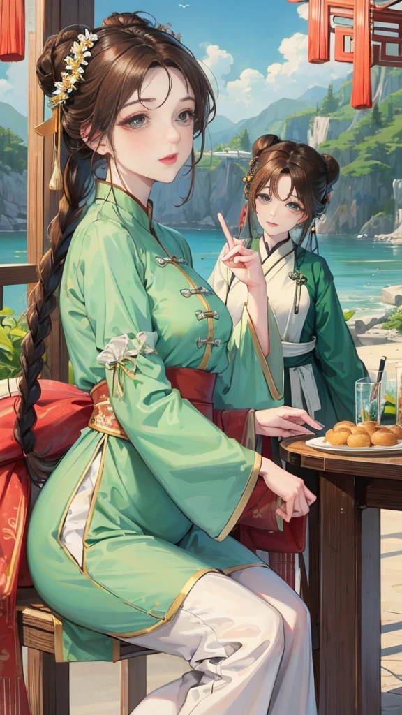 masterpiece, best quality, daytime, outdoor, Water's Edge, festive atmosphere, celebrate, A woman is, mature woman, Chinese style, China, elder sister, Imperial elder sister, enthusiasm, dark brown hair, green eyes, Single fried dough stick braid, bun hair, Double ball head, green clothes, Light pink lips, calm, intellectuals, media distribution, hairpin, doctor, herbs,pregnancy,dignified yet lively,