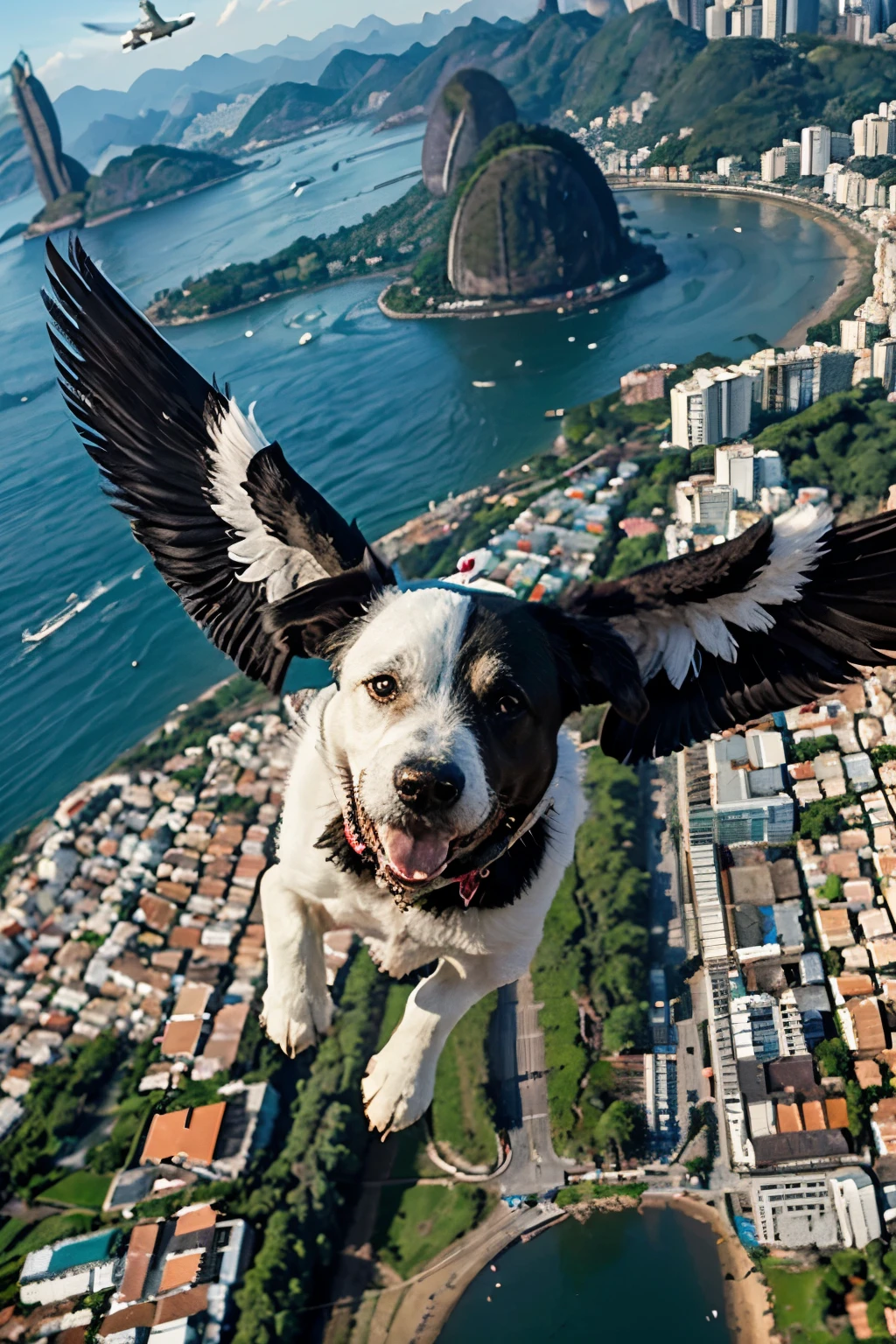 pack of smiling cute angel black dog and white dog with wings flying above Rio de Janeiro you can see Guanabara Bay with Christ the Redeemer