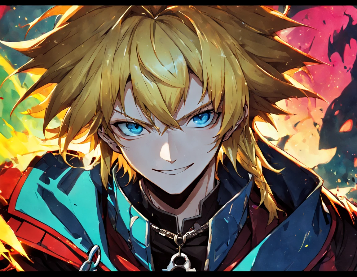 anime boy with blonde hair and blue eyes in a colorful jacket, Handsome guy in the art of slaying demons, key anime art, Portrait de Ninja Slayer, Demon Slayer: Rui fan art, Portrait of magical blond prince, [[[[smile]]]], trigger anime art style, High quality anime art style, Primary animation visuals, anime boy, beautiful androgynous prince