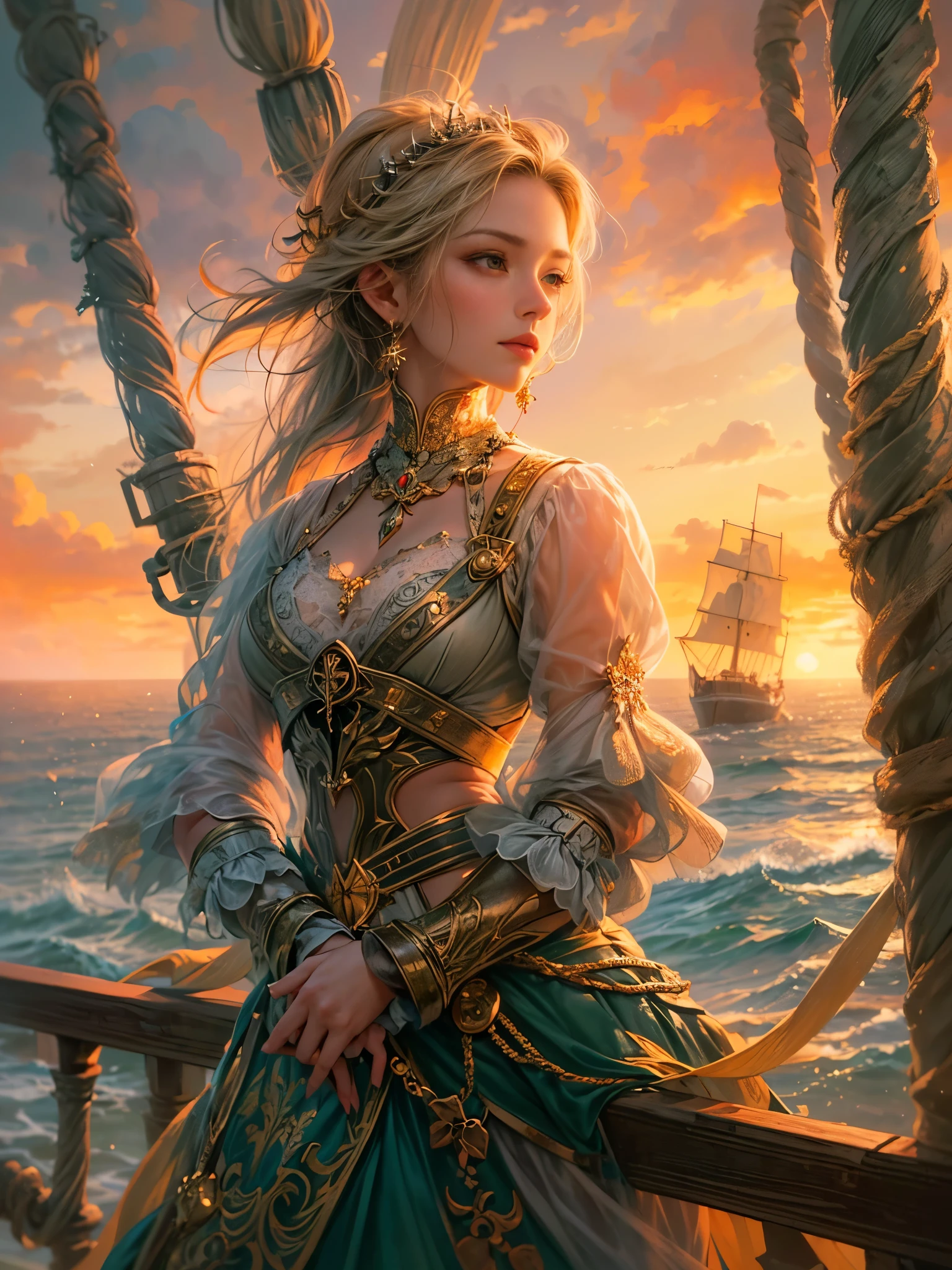 a picture of figures,Depicts a fantasy female pirate captain leaning against the ship's railing in a moment,Facing the sea at sunset,The expression is thoughtful, (Look at the audience head-on:1.5),Vibrant sunset sky reflected in calm sea,seagulls in the distance。Soft, warm lighting highlights her thoughtful gaze。Create using:digital strokes、Reflect emotions、calm ocean scene、Detailed character research、ambient sunset color、peaceful atmosphere、glibatree tips、HD quality、Natural look。Focus on showing the elegance and sophistication of female captains, (floral watercolor painting:1.3),(Super high saturation, bright and vivid colors:1.5), (nsfw),