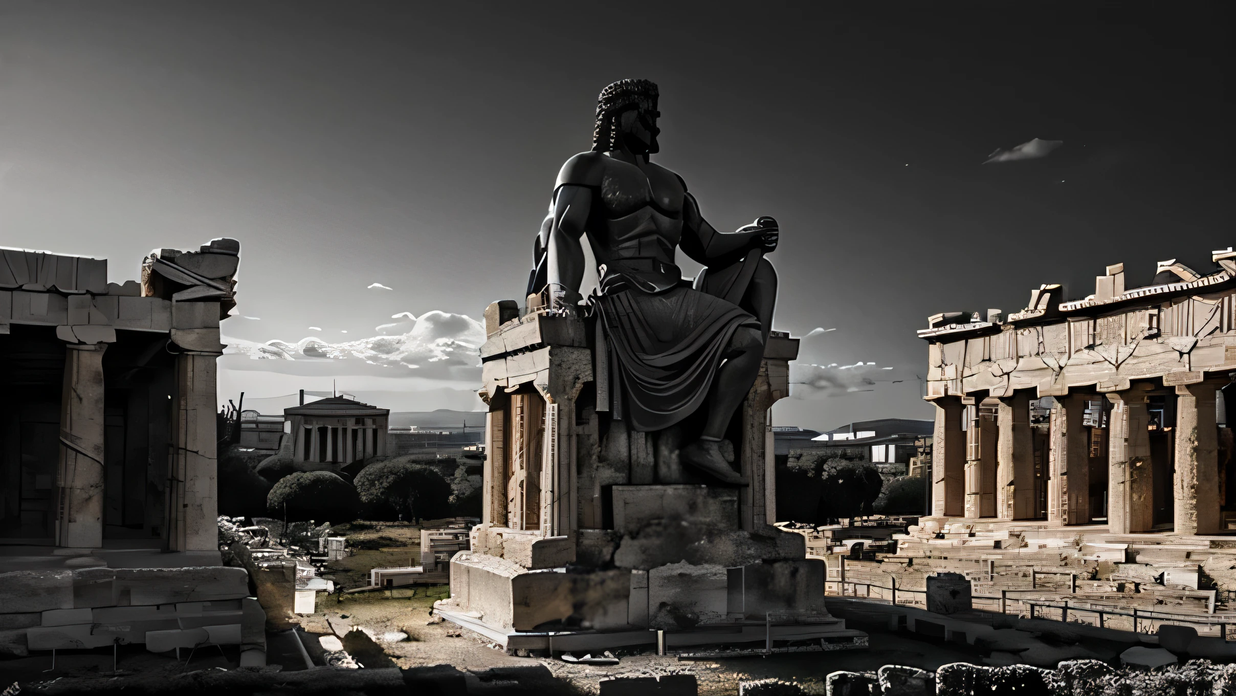 A dark landscape image of an ancient Greek society deeply connected to stoicism, black and white, ancient Greek architecture, include one single big statue of a stereotypical strong Greek man, Marcus Aurelius