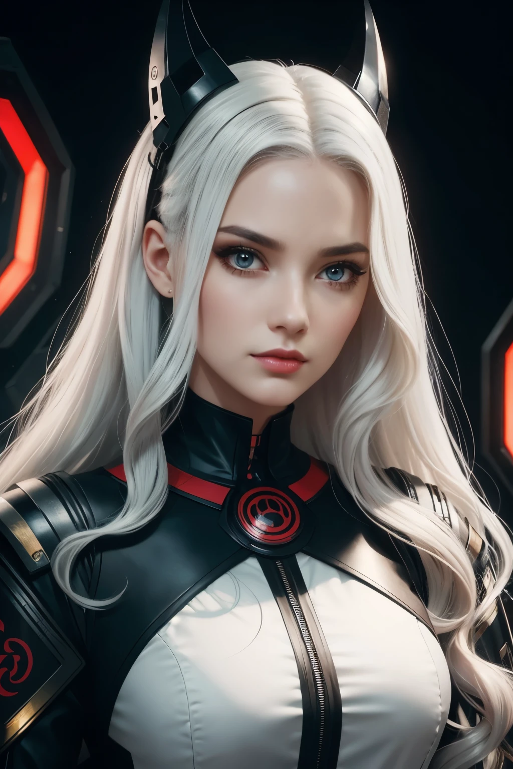 Portrait of a beautiful girl with wavy white hair, wearing a formal black dress with metal parts, red eyes, monograms in the background, digital painting, dark colors, 8k, complex details, vintage, retro futuristic style, sharp focus on the center, pastel colors, art station, (sci-fi, future, future theme), (facial expression looking with disdain), (detailed illustration)