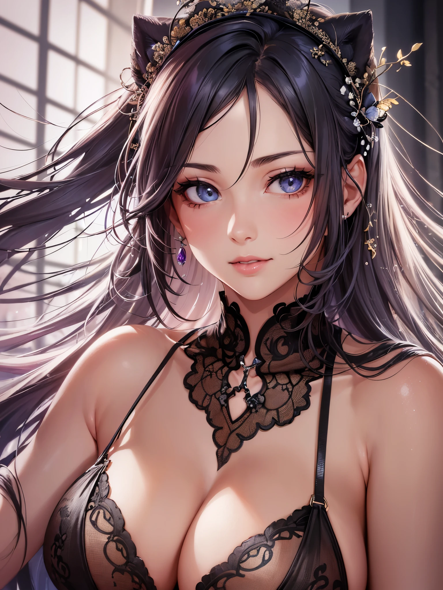 ((highest quality)),(ultra high resolution),(Super detailed),(detailed description),((best CG)),(best work of art),super precision art,great drawing art,(Art with precise details:1.5), (1 Female Fashion Model:1.6),beautiful and well-shaped face:1.6,Sexy mesh lingerie with intricate details:1.7,full of confidence々Smile,shiny skin:1.6,Sexy poses to seduce:1.6,