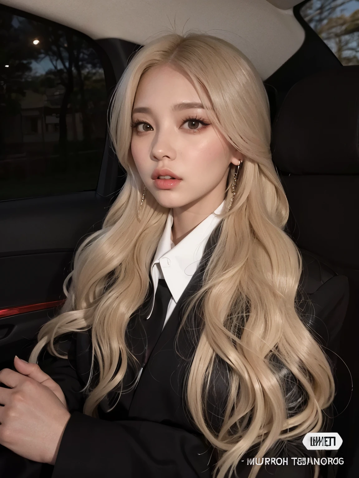 Mulher loira com cabelo longo em um carro usando terno e gravata, ava max, com longos cabelos loiros, com cabelos longos brancos, cl, long cabelo loiro e olhos grandes, her hair is white, com longos cabelos brancos, longos cabelos loiros e olhos grandes, com cabelos loiros muito longos, Ela tem cabelo loiro, cabelo loiro e olhos grandes, parque roseanne de blackpink