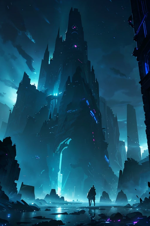 Dystopian epic scene blending the anime Slice of Life genre with fantasy influences, featuring a palette of glowing purple, black, and blue tones, echoing the artistic styles of Greg Rutkowski and Studio Ghibli, showcasing an apocalyptic world under a star-studded night sky, illuminated by the otherworldly glow, Greg Rutkowski brushwork, Ghibli-inspired character design, astral ambiance, moonlit ruins, surreal, dramatic lighting, ultra-fine digital painting