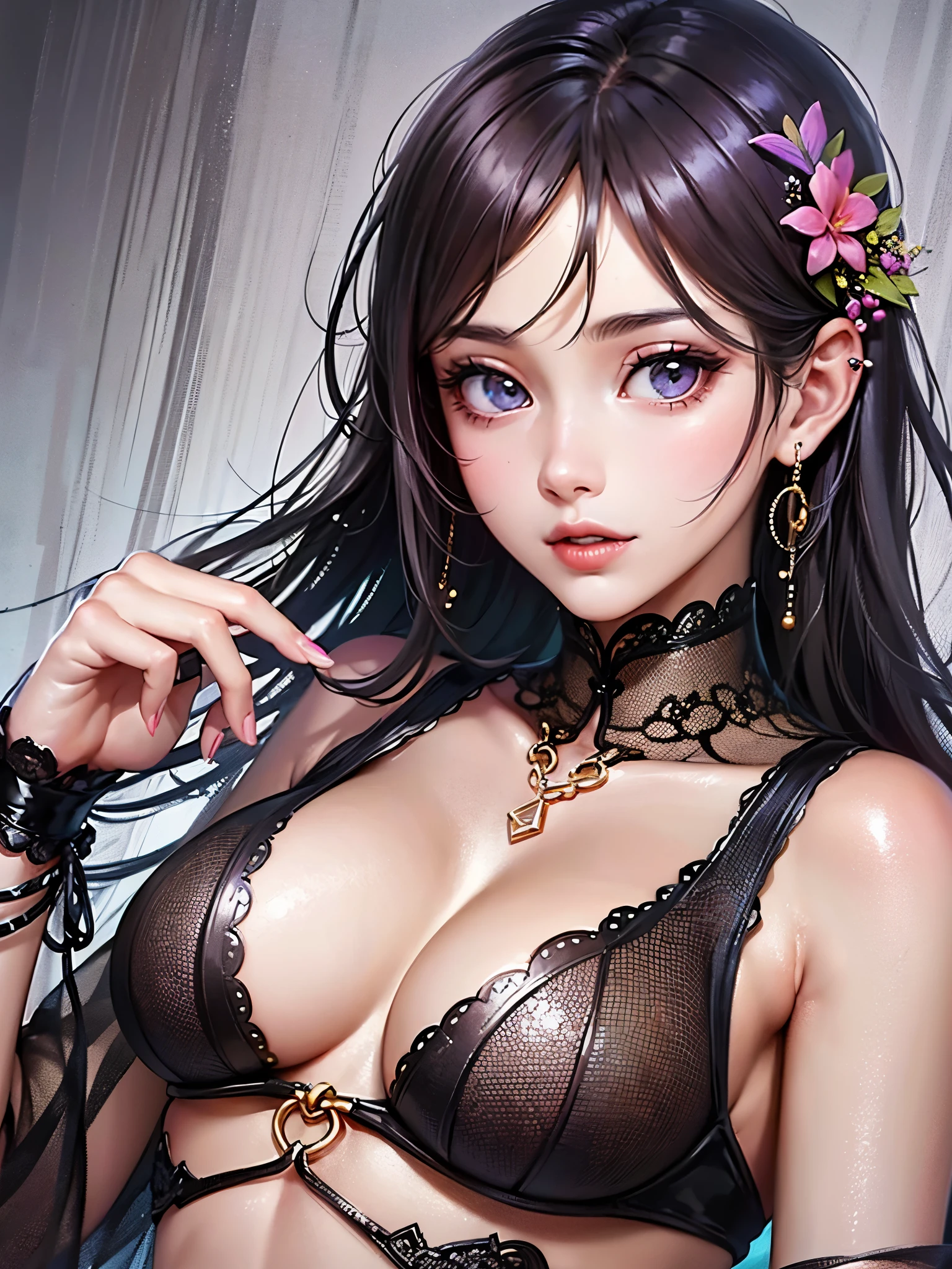 ((highest quality)),(ultra high resolution),(Super detailed),(detailed description),((best CG)),(best work of art),super precision art,great drawing art,(Art with precise details:1.5), (1 Female Fashion Model:1.6),beautiful and well-shaped face:1.6,Sexy mesh lingerie with intricate details:1.7,full of confidence々Smile,shiny skin:1.6,Sexy poses to seduce:1.6,