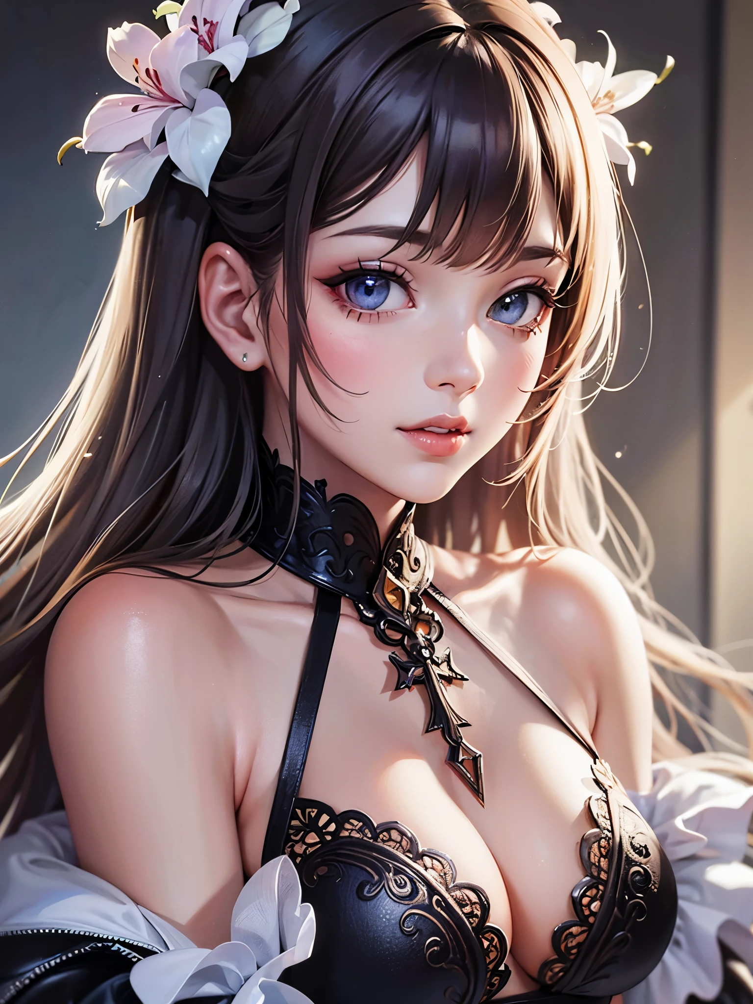 ((highest quality)),(ultra high resolution),(Super detailed),(detailed description),((best CG)),(best work of art),super precision art,great drawing art,(Art with precise details:1.5), (1 Female Fashion Model:1.6),beautiful and well-shaped face:1.6,Sexy mesh lingerie with intricate details:1.7,full of confidence々Smile,shiny skin:1.6,Sexy poses to seduce:1.6,