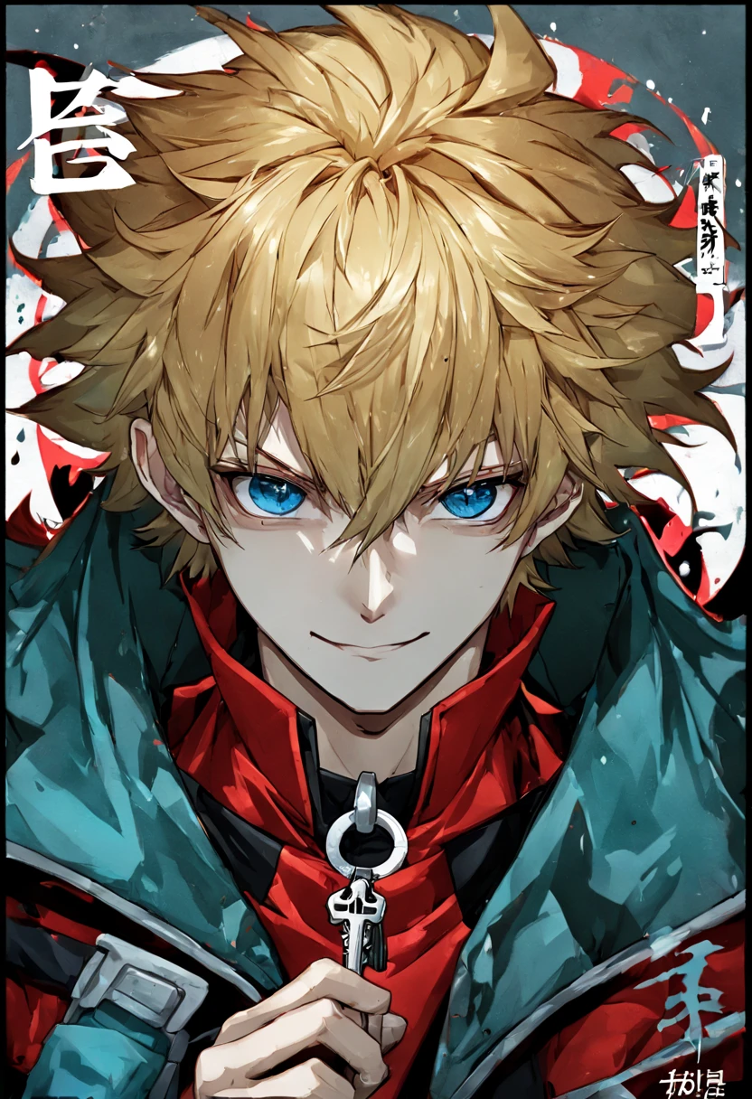 anime boy，blond，blue eyes，wearing colorful jacket, Anime inspired by Kun Chan, Hot topics on pixiv, Continuous art, Handsome guy in the art of slaying demons, key anime art, Portrait de Ninja Slayer, Demon Slayer: Rui fan art, 神奇的blond王子的肖像, [[[[smile]]]], trigger anime art style