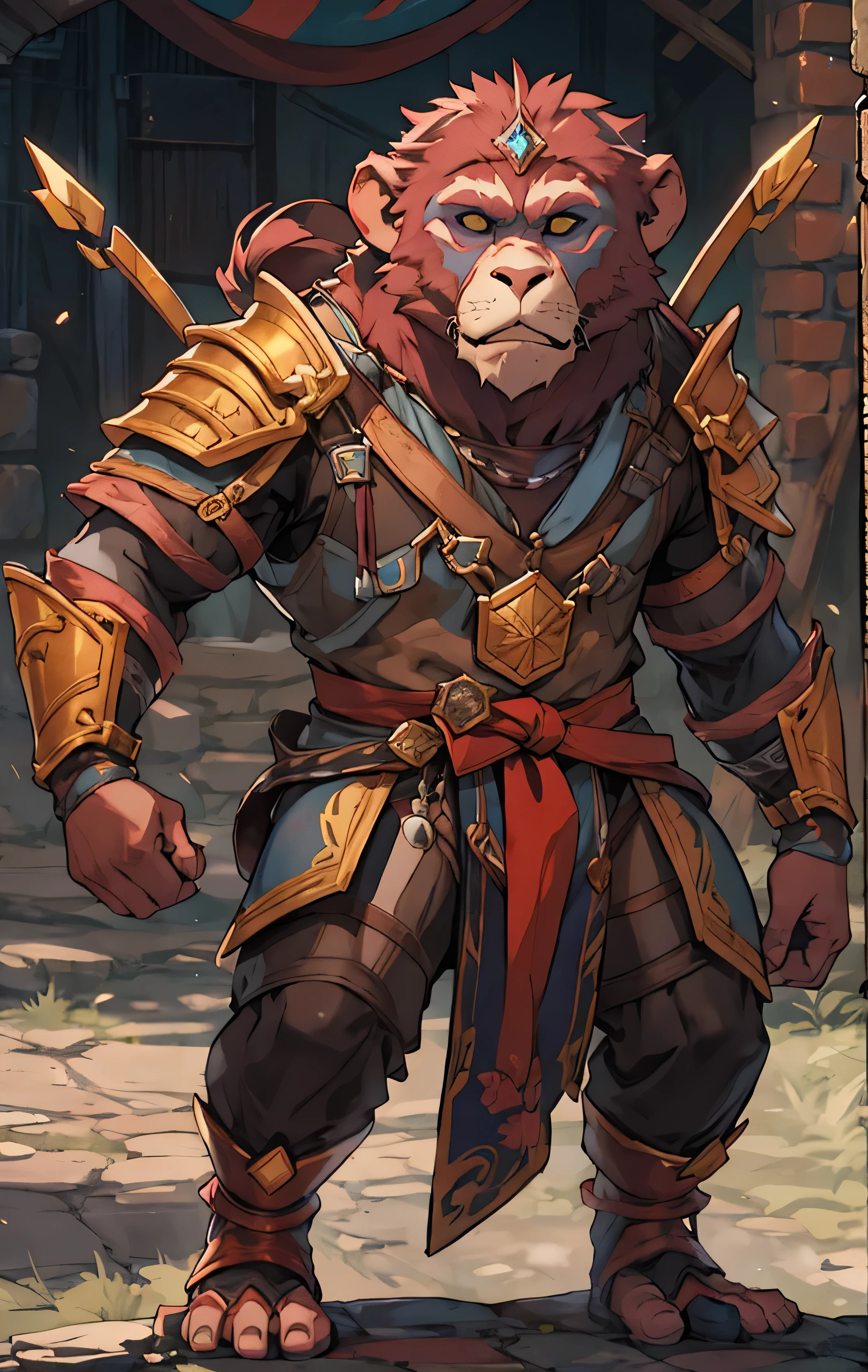 monkey warrior, Armor, stand sideways，Fantasy setting, Character Concept, Character Art, character portrait, comic books, best quality, best resolution, 4K, vivid colors, vivid, high detail, Supreme details, confident pose, extrovert, See below, serious expression, turn the angle sideways, upper body detail, face access screen, Upper body close-up, dart,