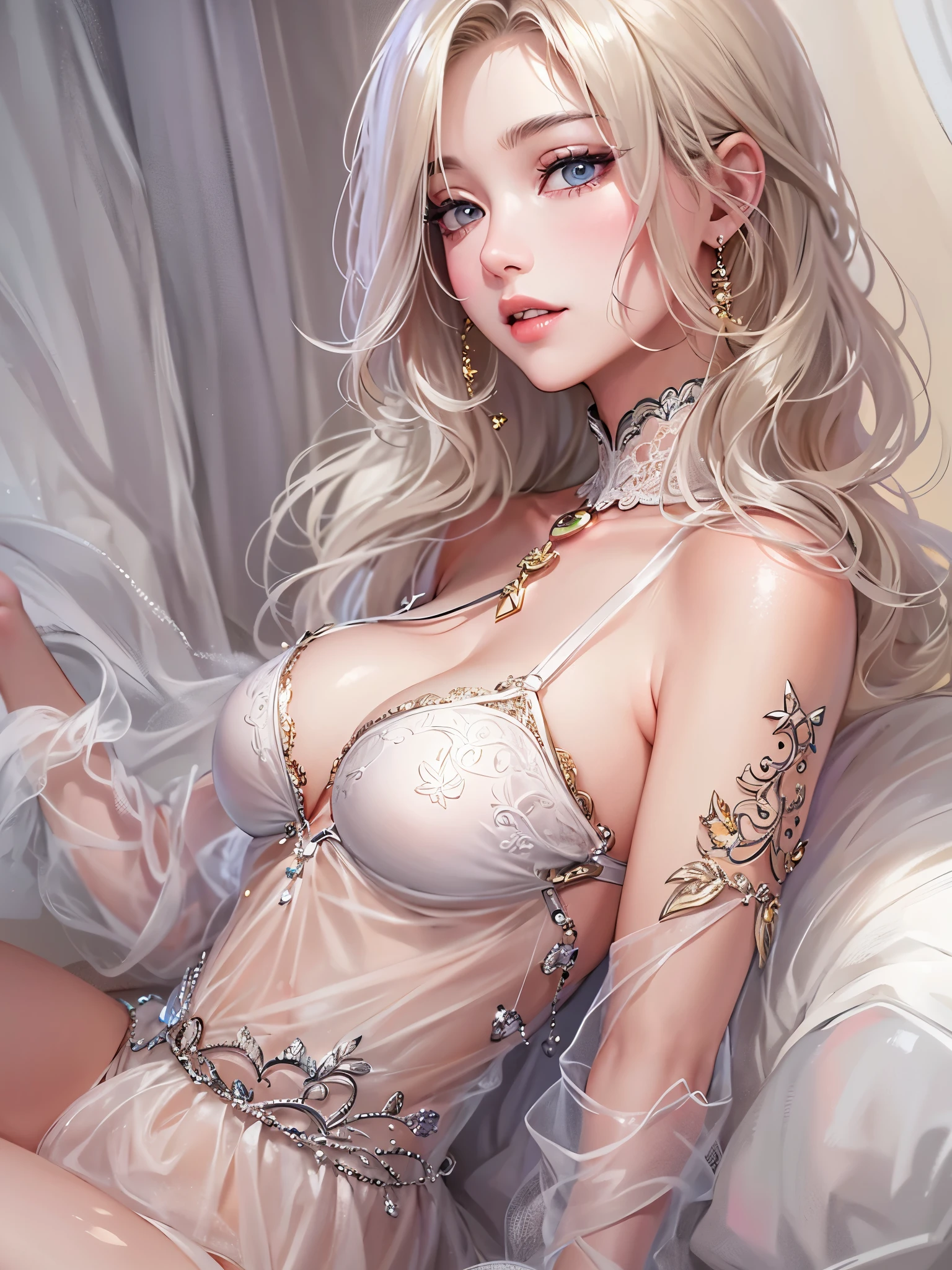 ((highest quality)),(ultra high resolution),(Super detailed),(detailed description),((best CG)),(best work of art),super precision art,great drawing art,(Art with precise details:1.5), (1 Female Fashion Model:1.6),beautiful and well-shaped face:1.6,Sexy mesh lingerie with intricate details:1.7,full of confidence々Smile,shiny skin:1.6,Sexy poses to seduce:1.6,