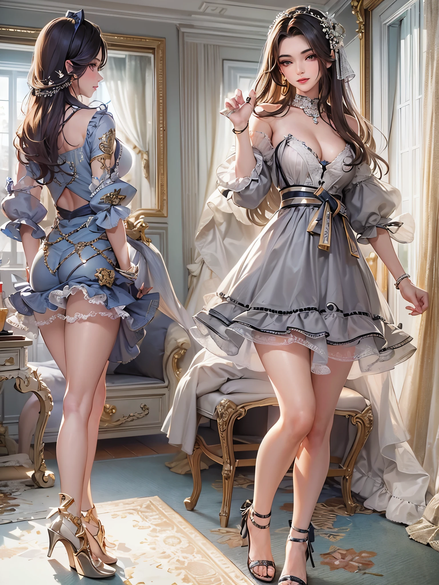 ((highest quality)),(ultra high resolution),(Super detailed),(detailed description),((best CG)),(best work of art),super precision art,great drawing art,(Art with precise details:1.5), (1 Female Fashion Model:1.6),beautiful and well-shaped face:1.6,Sexy mesh lingerie with intricate details:1.7,full of confidence々Smile,shiny skin:1.6,Sexy poses to seduce:1.6,
