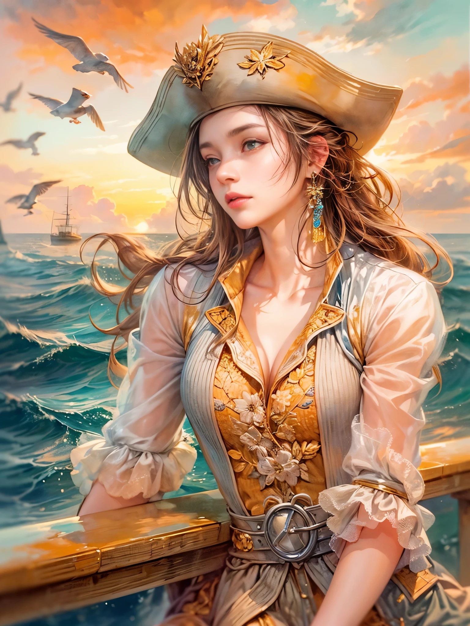 a picture of figures，Depicts a fantasy female pirate captain looking at the sea at sunset in a  moment。Leaning on the ship&#39;s railing，The expression is thoughtful。Vibrant sunset sky reflected in calm sea，seagulls in the distance。Soft, warm lighting highlights her thoughtful gaze。Create using：digital strokes、Reflect emotions、calm ocean scene、Detailed character research、ambient sunset color、peaceful atmosphere、glibatree tips、HD quality、Natural look。Focus on showing the elegance and sophistication of female captains, (floral watercolor painting:1.5)，(Super high saturation, bright and vivid colors:1.5), (nsfw), (Look at the audience head-on:1.5)