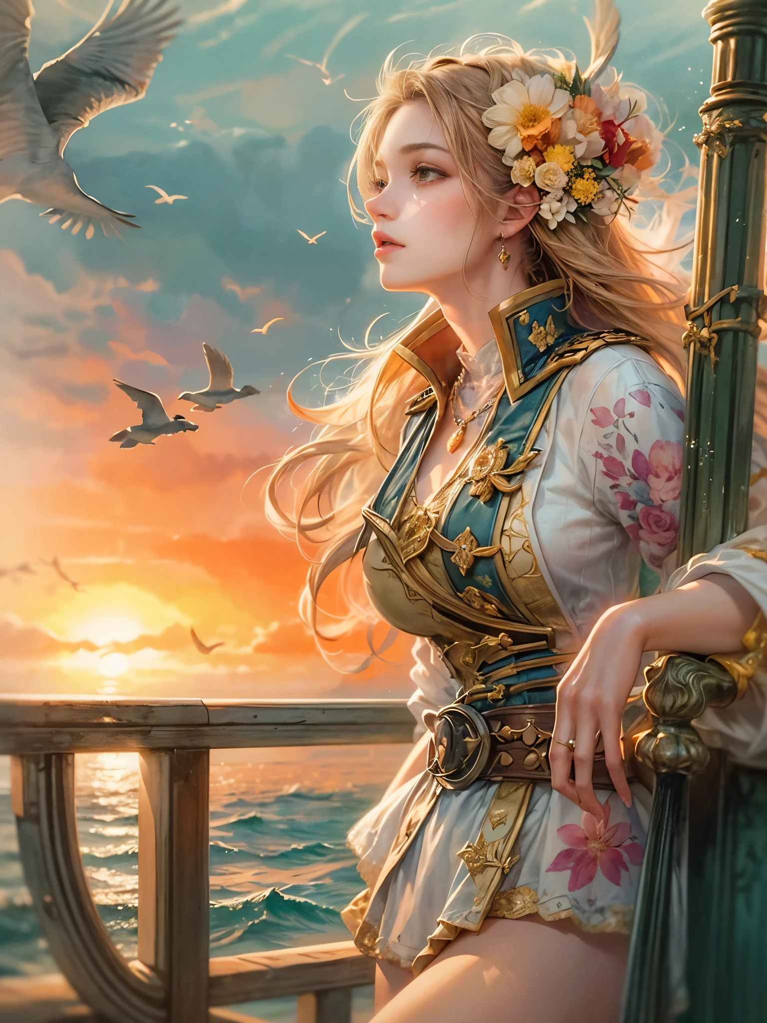a picture of figures，Depicts a fantasy female pirate captain looking at the sea at sunset in a  moment。Leaning on the ship&#39;s railing，The expression is thoughtful。Vibrant sunset sky reflected in calm sea，seagulls in the distance。Soft, warm lighting highlights her thoughtful gaze。Create using：digital strokes、Reflect emotions、calm ocean scene、Detailed character research、ambient sunset color、peaceful atmosphere、glibatree tips、HD quality、Natural look。Focus on showing the elegance and sophistication of female captains, (floral watercolor painting:1.5)，(Super high saturation, bright and vivid colors:1.5), (nsfw), (Look at the audience head-on:1.5)
