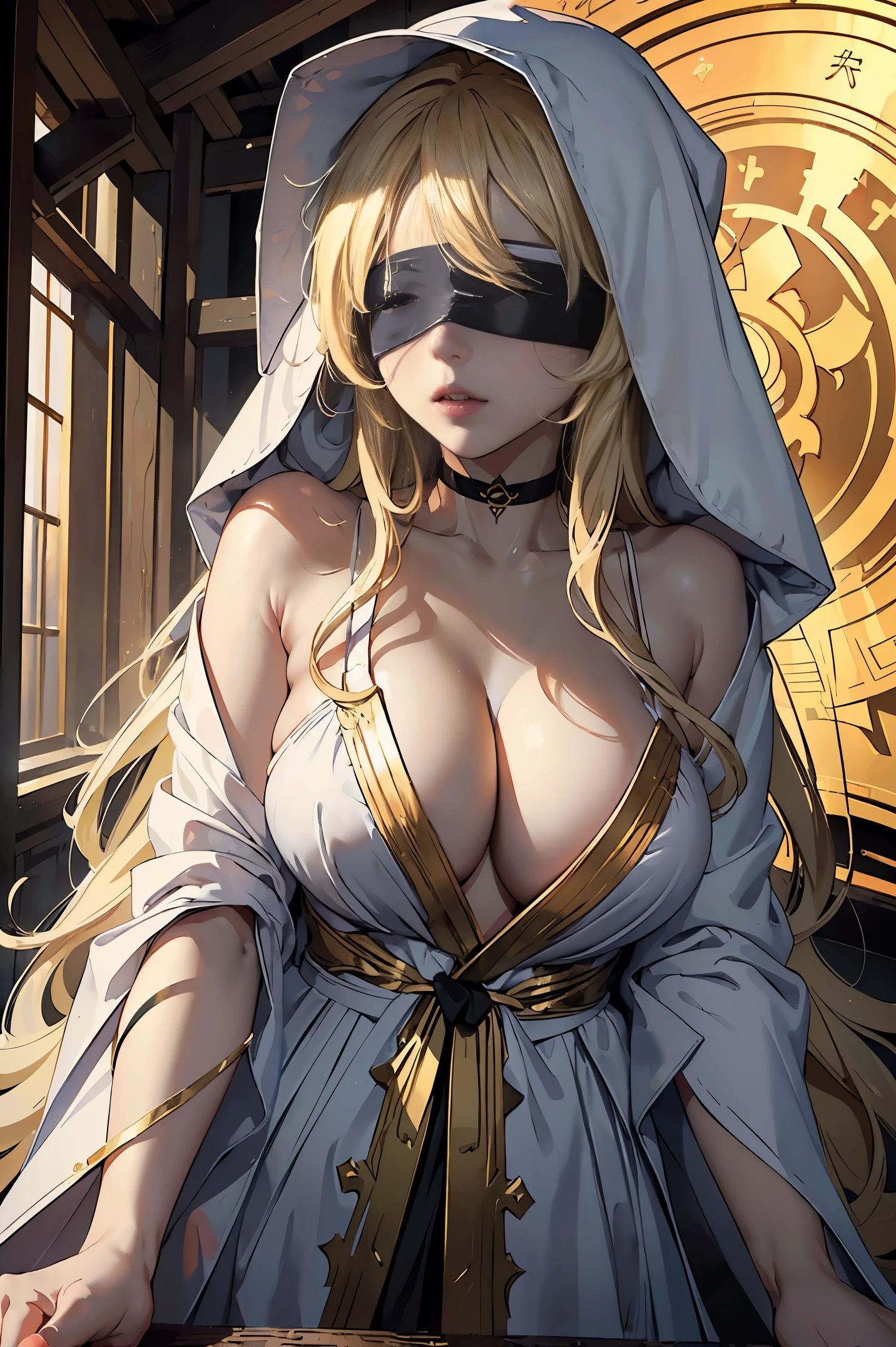 (masterpiece, highest quality, highest quality, official art, beautiful and aesthetic:1.2), 1 girl, shrine maiden, long bright blonde hair, messy hair, (Wearing a black blindfold:1.3), big breasts, cleavage, (white exposed robe, gold trim), (white hood:1.2), very detailed, colorful, perfect face, Upper body, HDR, (light streaks), striking visuals, Bright colors, temple background