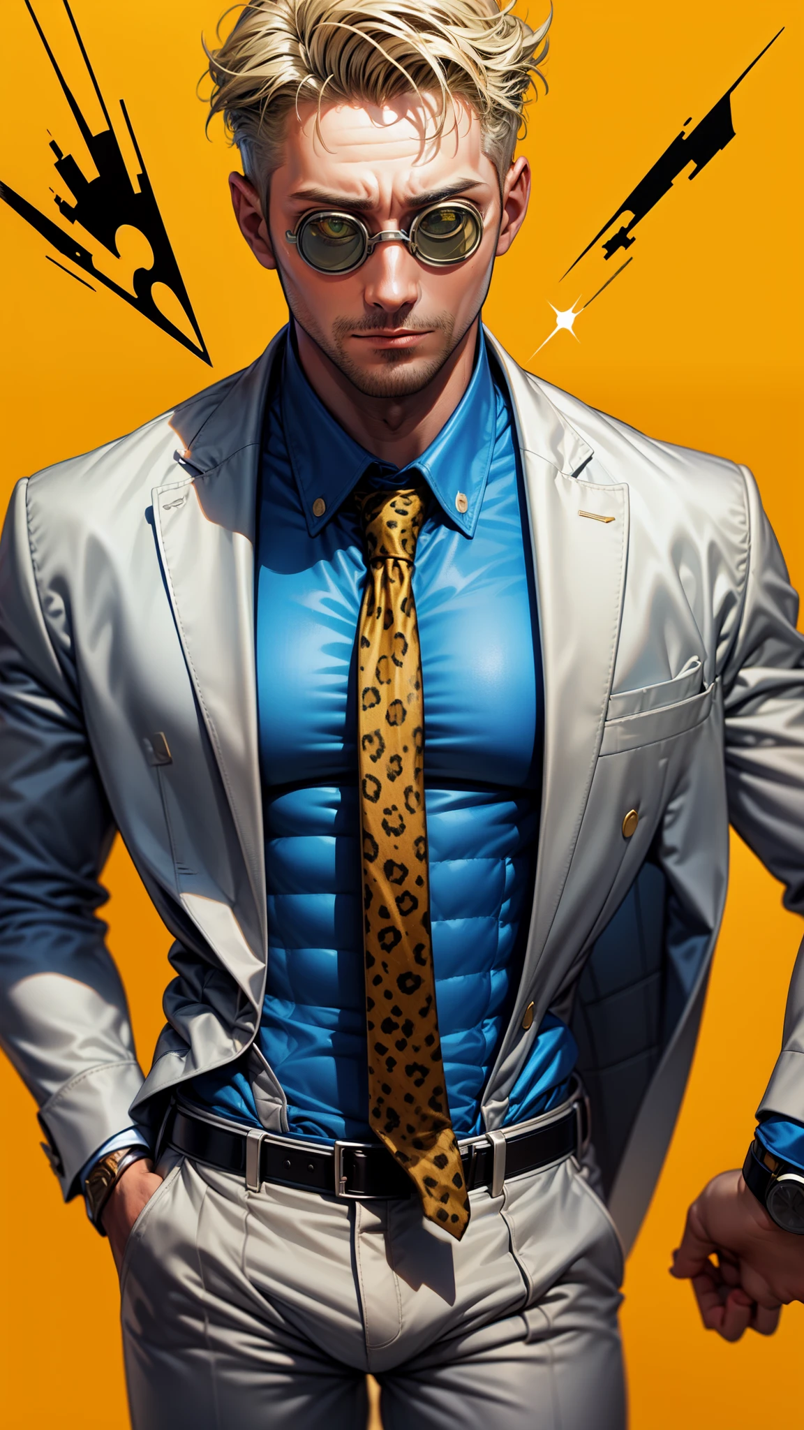 masterpiece, best quality, absurdres, NanamiBase, goggles, grey jacket, yellow necktie, leopard print, blue shirt, collared shirt, grey pants, IncrsBrknGls, broken glass, reflection