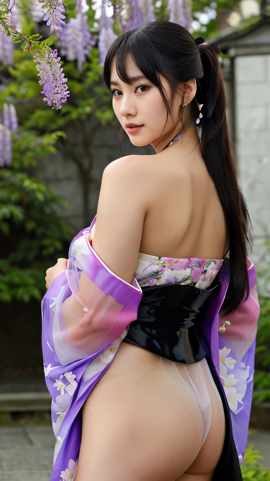 最high quality、high quality、best image quality、8K、最High resolution、High resolution、最high quality、masterpiece、realistic pictures、RAW photo、realistic atmosphere、(detailed face)、(fine hands、thumb1reference4)、(beauty of japan )、very nice face、cute face、((beautiful japanese girl))、(woman), ((18 year old beautiful girl))、(glossy black hair)、(straight long hair)、(ponytail)、whole body、slim style、(shiny skin)、(Fair skin, Glossy skin)、real human skin、realistic human body structure、perfect body, perfect face, perfect hands, perfect fingers, perfect lips, perfect eyes,perfect teeth、perfect background, perfect atmosphere,look at the camera、 soft natural light、samurai kimono、maiko kimono、servant、geisha kimono、japanese kimono、Furisode、kimono、Yukata、japanese traditional、Samurai Residence、Japanese garden、((colorful transparent see-through(flowery kimono、Hakama with side slits))、((Under the tree where wisteria flowers are in full bloom(Poses that make your thighs look sexy))